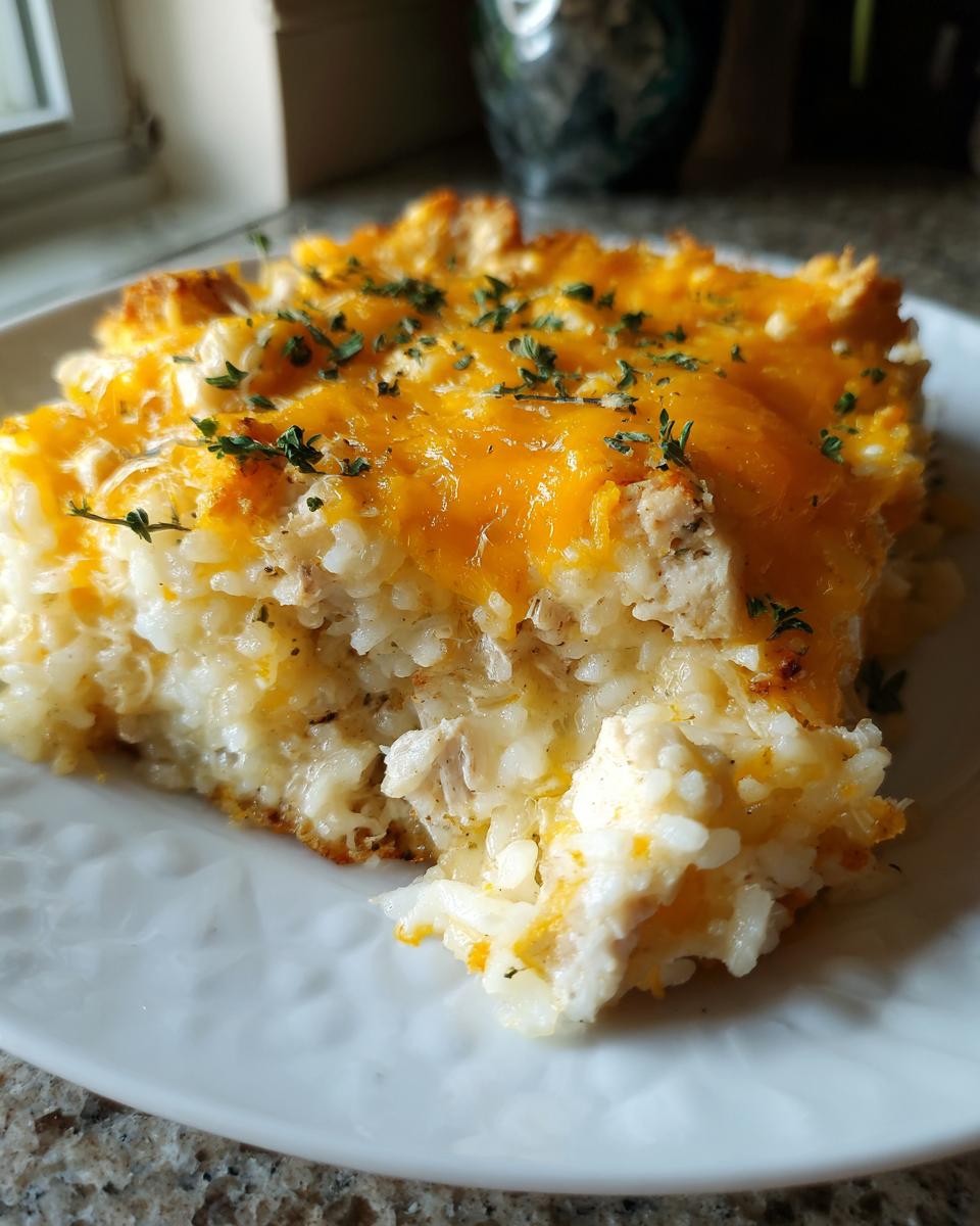 A close-up of a serving of creamy rice casserole topped with melted cheddar cheese and fresh thyme.