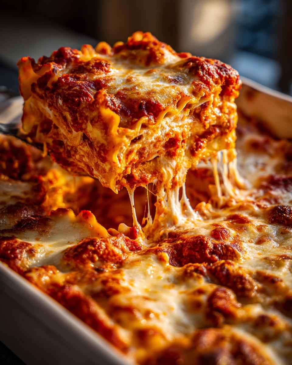 A serving of incredibly cheesy lazy lasagna being lifted from the pan, showing long cheese pulls.