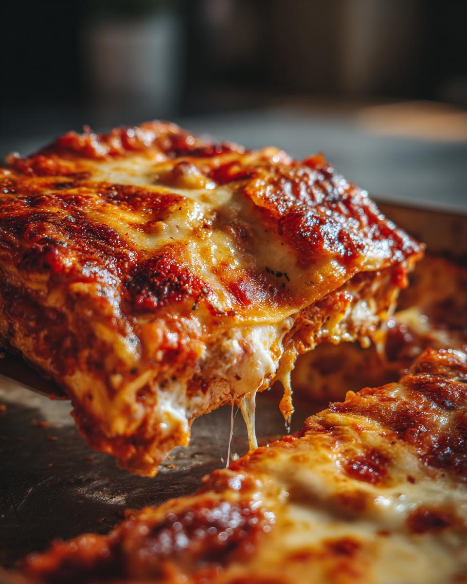A close-up of a cheesy, bubbling slice of lazy lasagna being lifted, showing melted cheese strings.