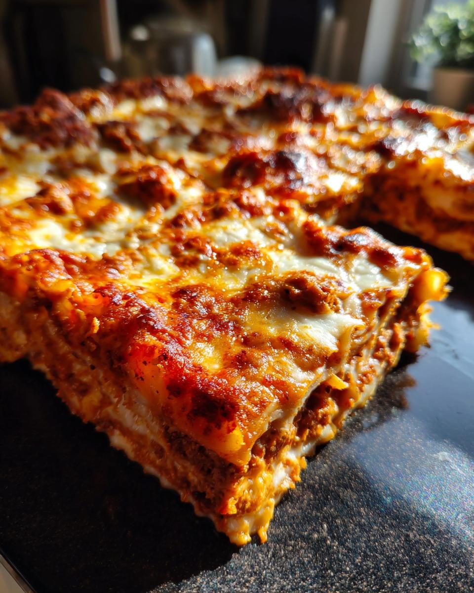 Close-up of a thick, cheesy slice of lazy lasagna with browned edges and rich meat sauce.