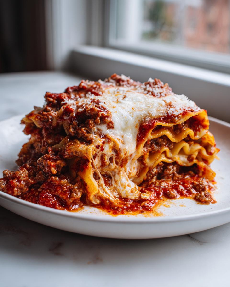 A generous, layered slice of skillet lasagna with melted, gooey mozzarella cheese and rich meat sauce.