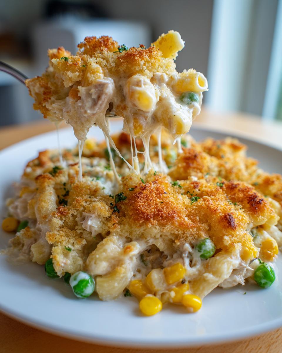 A spoonful of creamy tuna pasta bake being lifted, showing melted cheese strings and a golden breadcrumb topping.