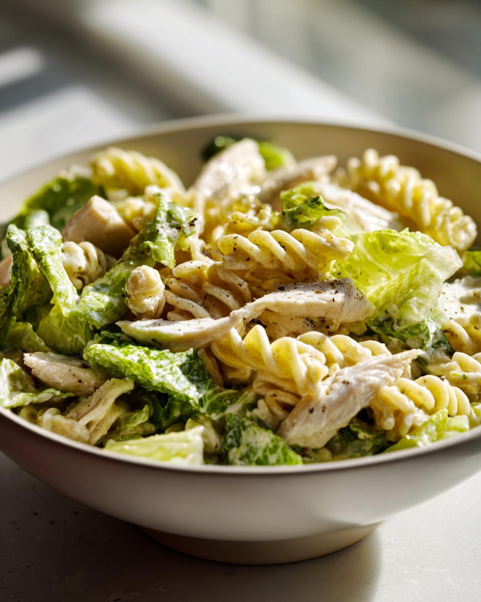 Close-up of a bowl filled with creamy chicken caesar pasta salad featuring rotini pasta, chicken pieces, and crisp romaine lettuce.