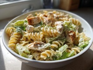 Close-up of a white bowl filled with creamy chicken caesar pasta salad featuring fusilli pasta and grilled chicken pieces.