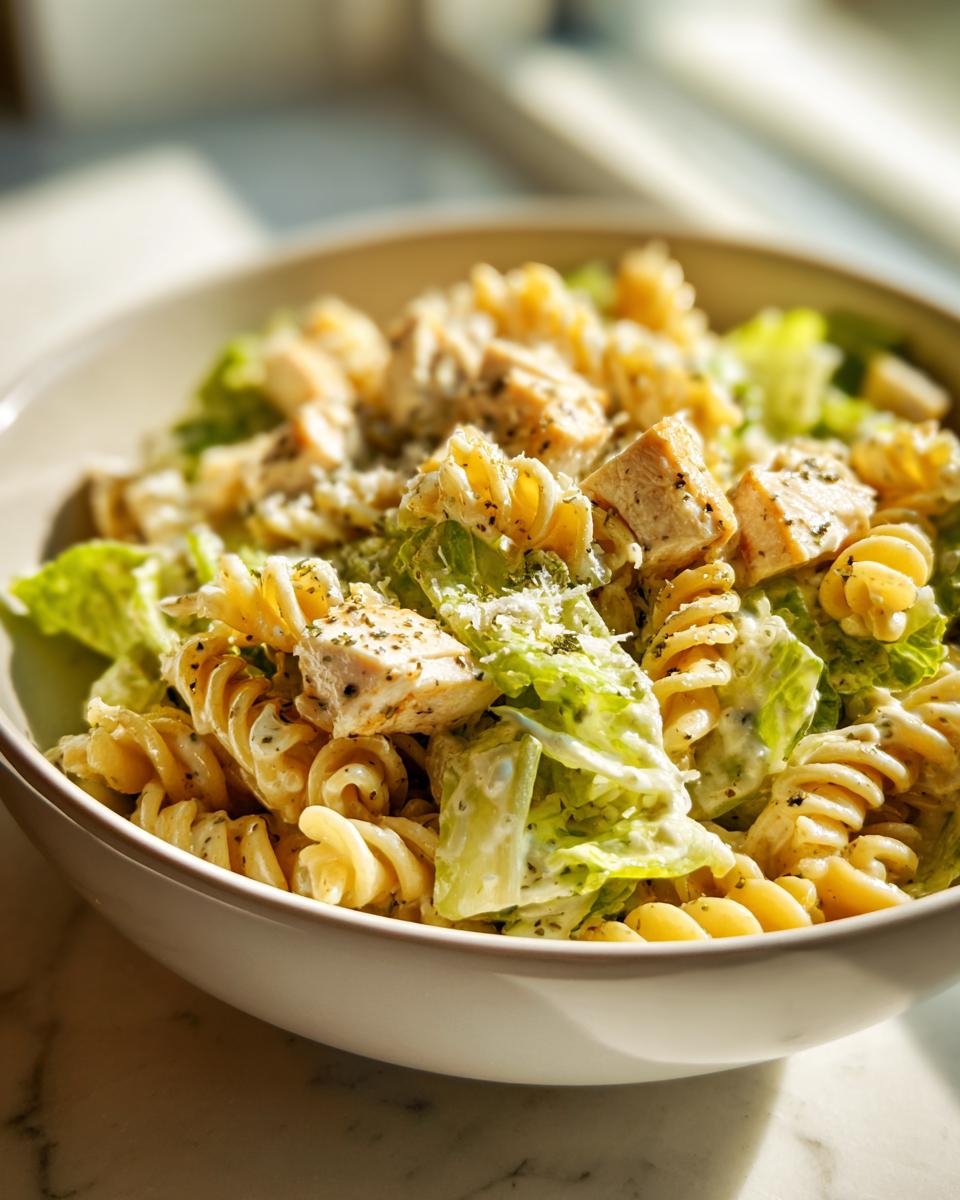 Close-up of a bowl filled with creamy chicken caesar pasta salad featuring rotini pasta, chopped chicken, and romaine lettuce.