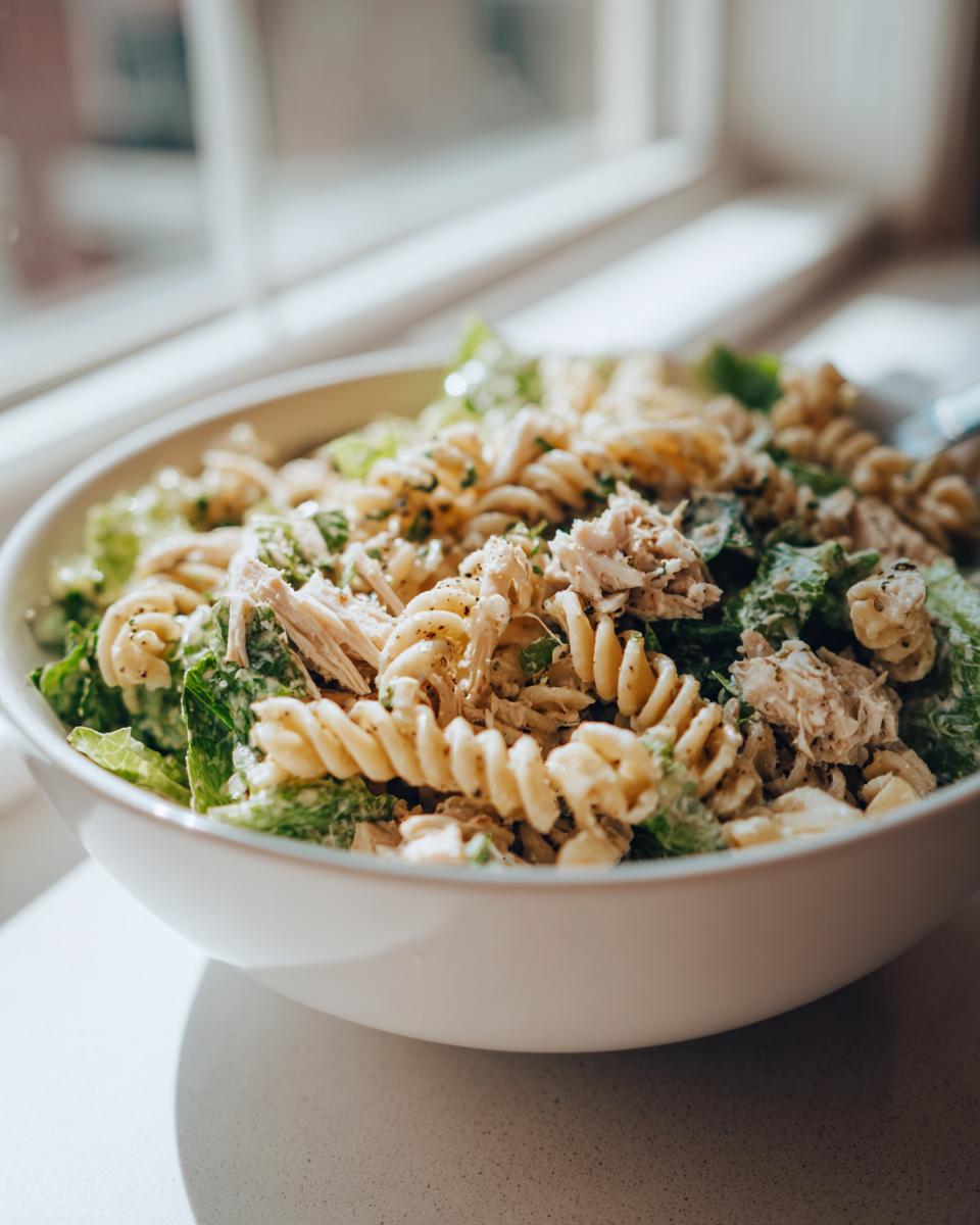 Close-up of a white bowl filled with chicken caesar pasta salad, featuring rotini pasta, shredded chicken, and romaine lettuce.