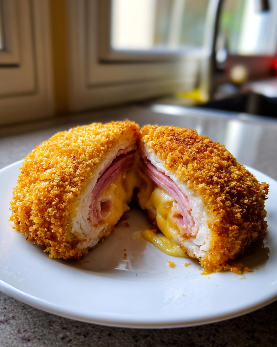 A perfectly golden, crispy chicken cordon bleu cut in half showing melted cheese and ham filling.