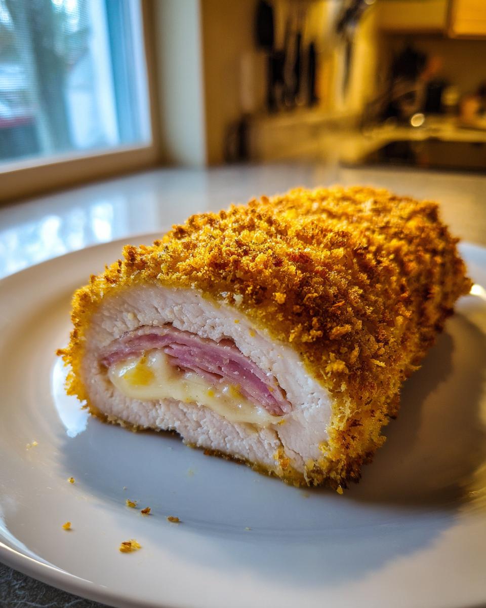 Cross section of crispy, golden brown chicken cordon bleu showing melted cheese and ham filling.