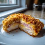 Cross-section of a golden, crispy chicken cordon bleu showing melted cheese and ham inside the chicken breast.