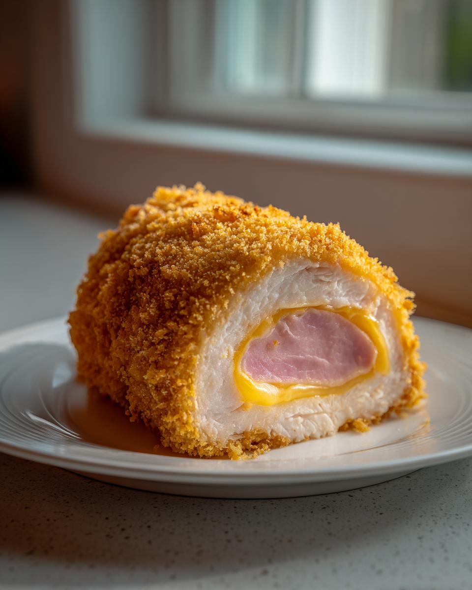 A perfectly cooked slice of chicken cordon bleu showing a crispy golden crust, melted cheese, and ham filling.