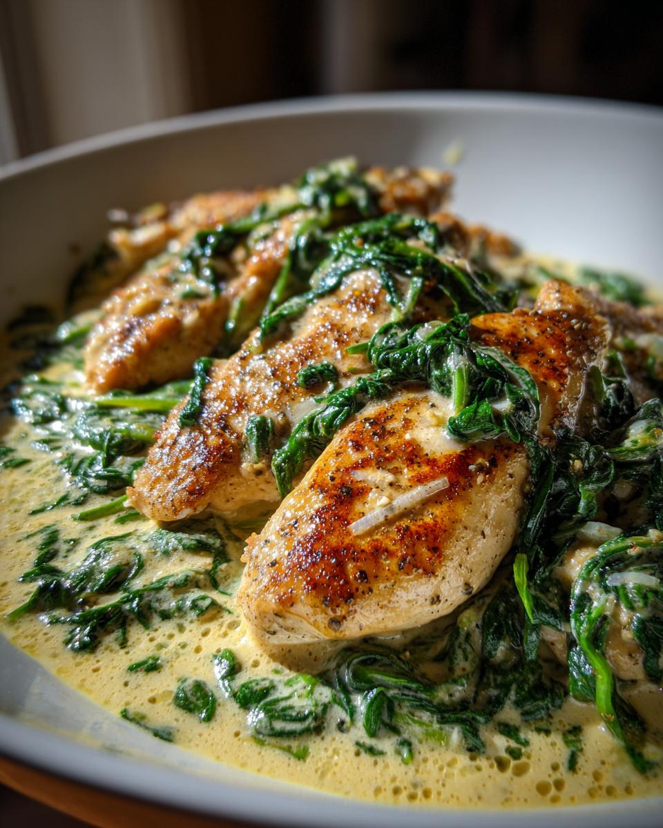 Close-up of perfectly seared chicken florentine breasts smothered in a creamy spinach sauce.