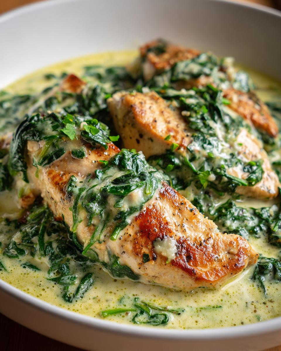 Close-up of golden-brown chicken florentine pieces smothered in a creamy spinach sauce.