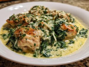 Three pieces of seared chicken florentine served in a rich, creamy spinach sauce topped with Parmesan cheese.