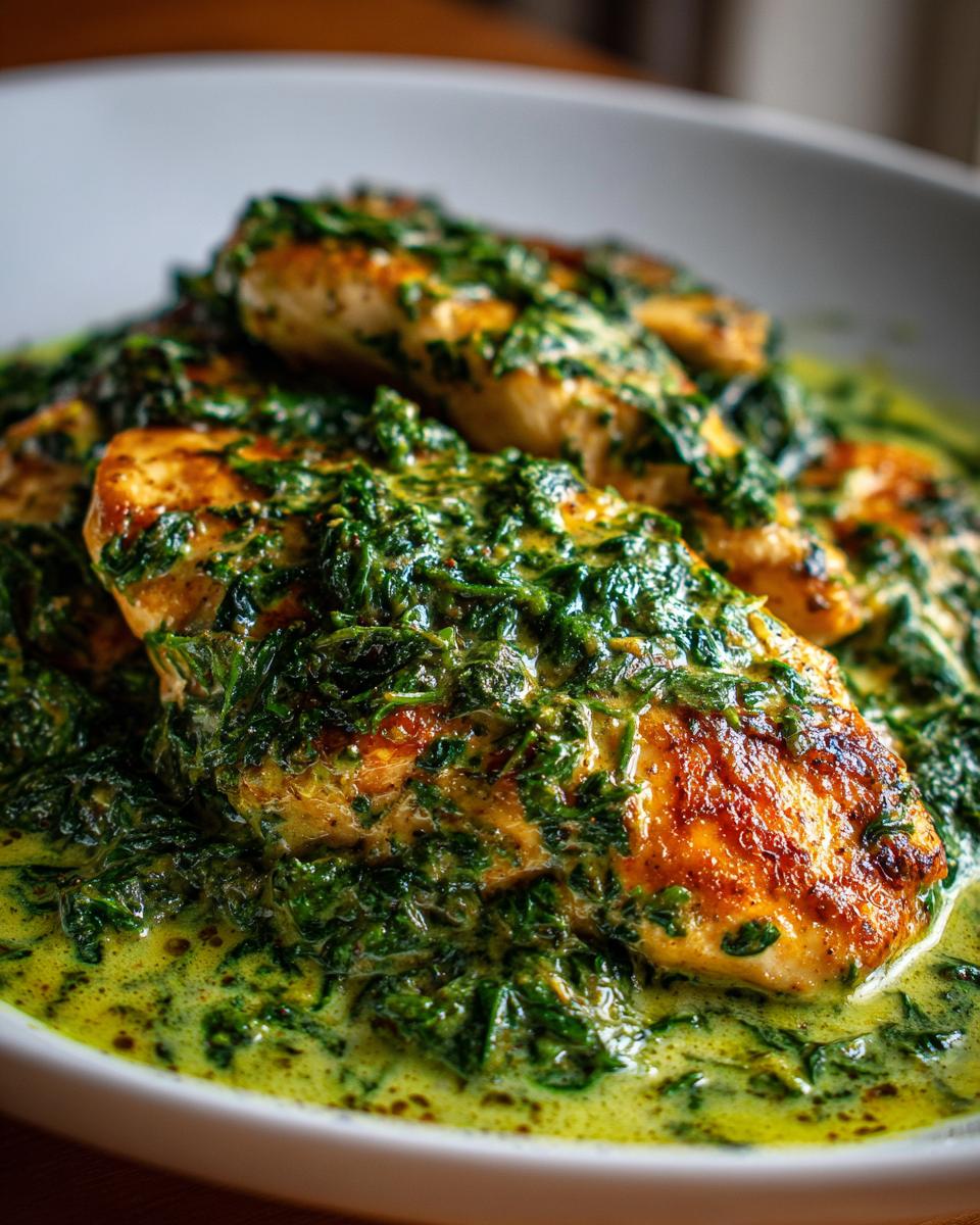 Close-up of golden-seared chicken breasts smothered in a rich, creamy green spinach sauce, representing Chicken Florentine.