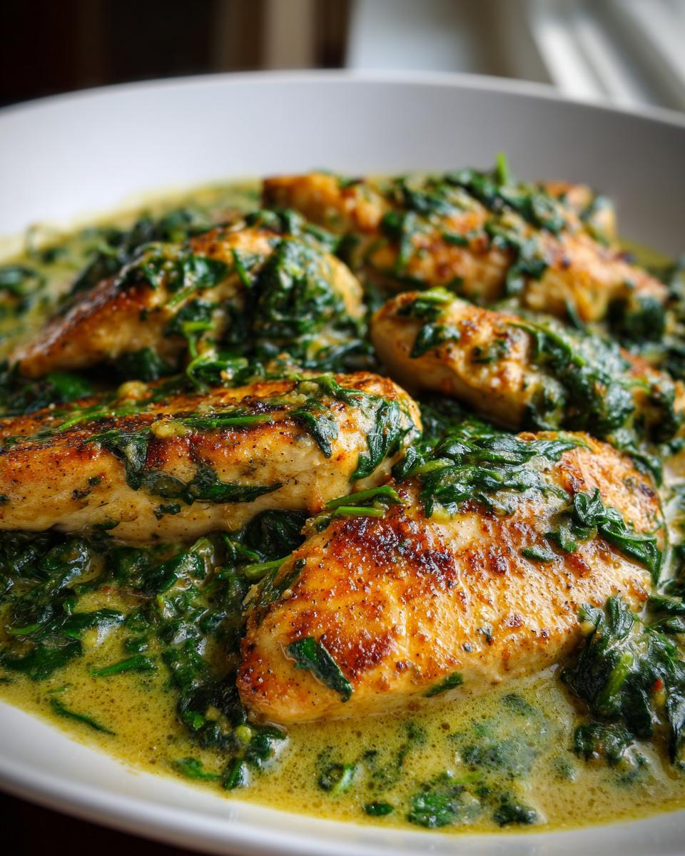 Close-up of seared chicken breasts covered in a rich, creamy spinach sauce, perfect for chicken florentine.