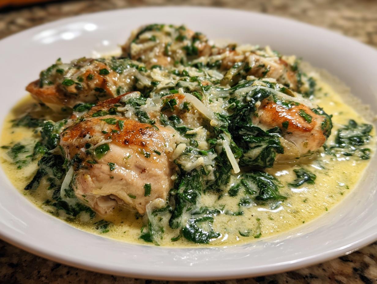 Three pieces of seared chicken florentine served in a rich, creamy spinach sauce topped with Parmesan cheese.
