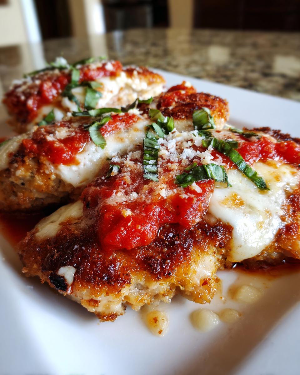 Close-up of perfectly cooked chicken parmesan recipe pieces topped with melted mozzarella, red sauce, and fresh basil.