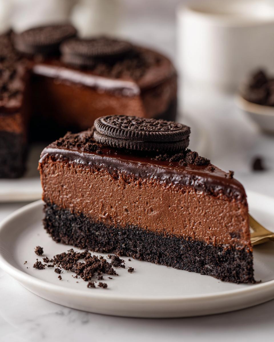 A decadent slice of chocolate cheesecake with a dark cookie crust, topped with chocolate ganache and an Oreo cookie.