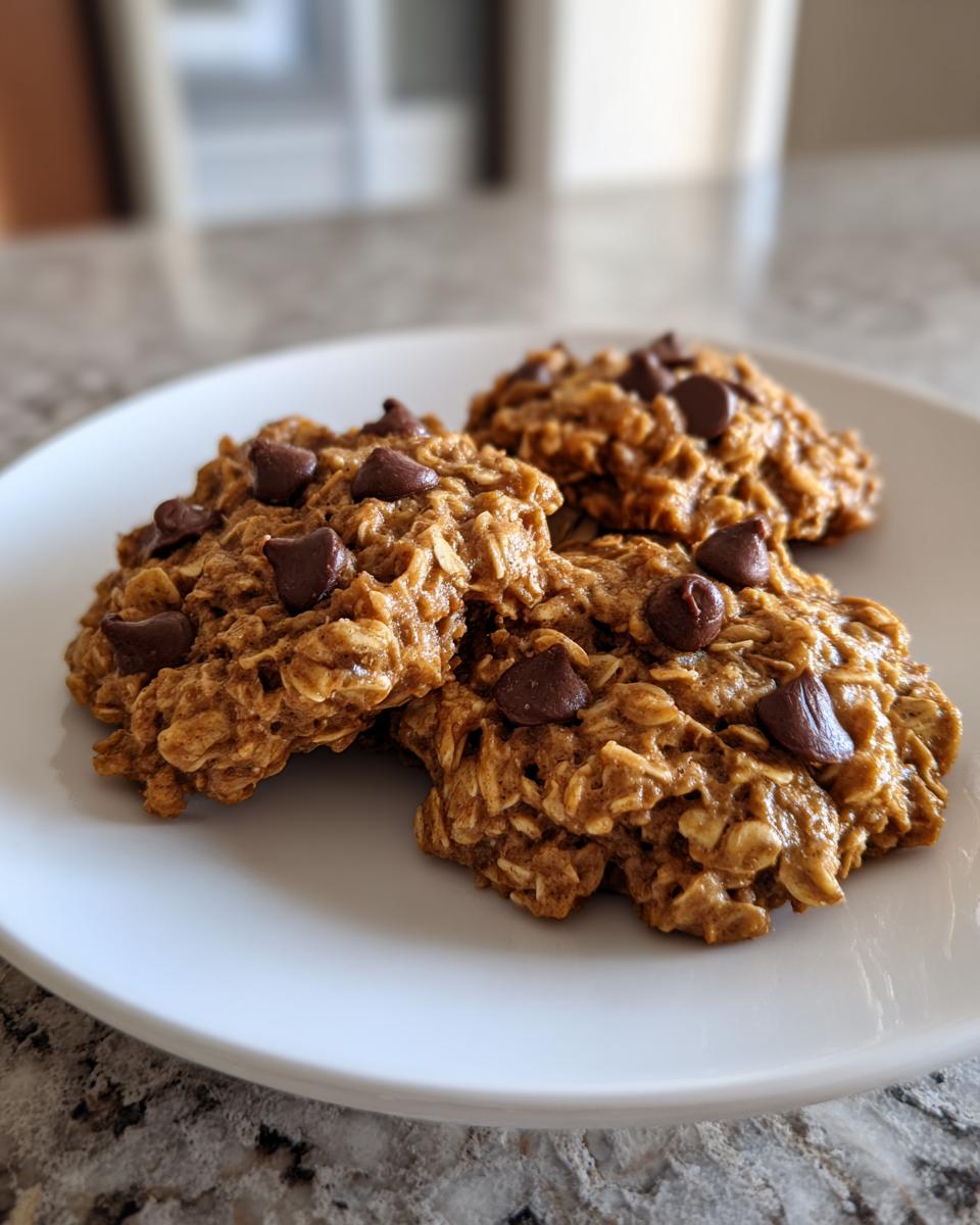 Three soft, chewy breakfast cookie treats loaded with oats and topped with chocolate chips, served on a white plate.