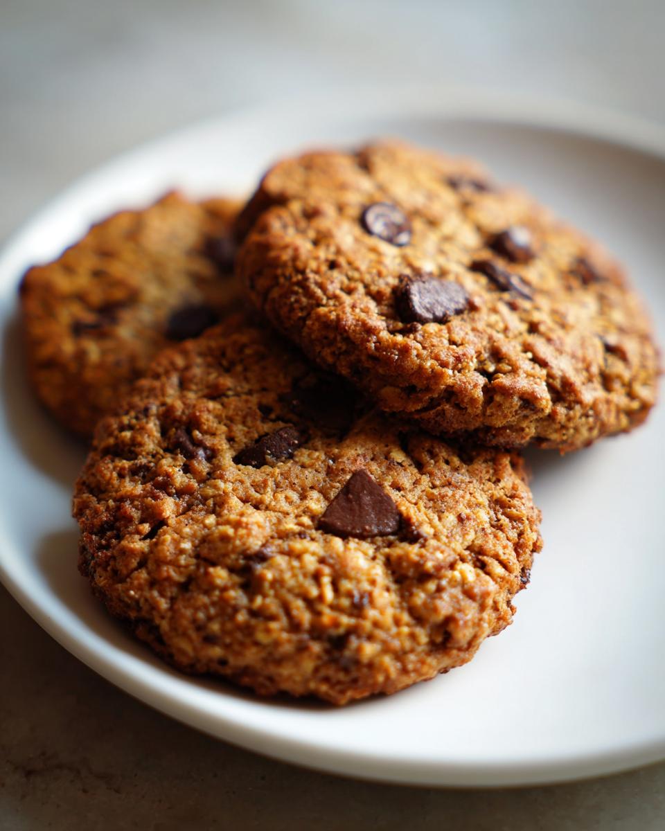 Close-up of three textured, oatmeal-based chocolate chip breakfast cookie stacked on a white plate.