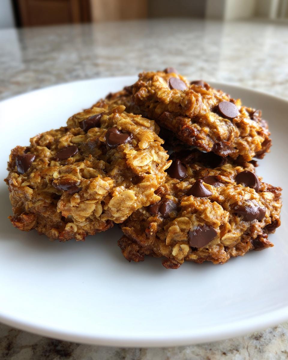 A stack of four homemade chocolate chip oatmeal breakfast cookie treats on a white plate.