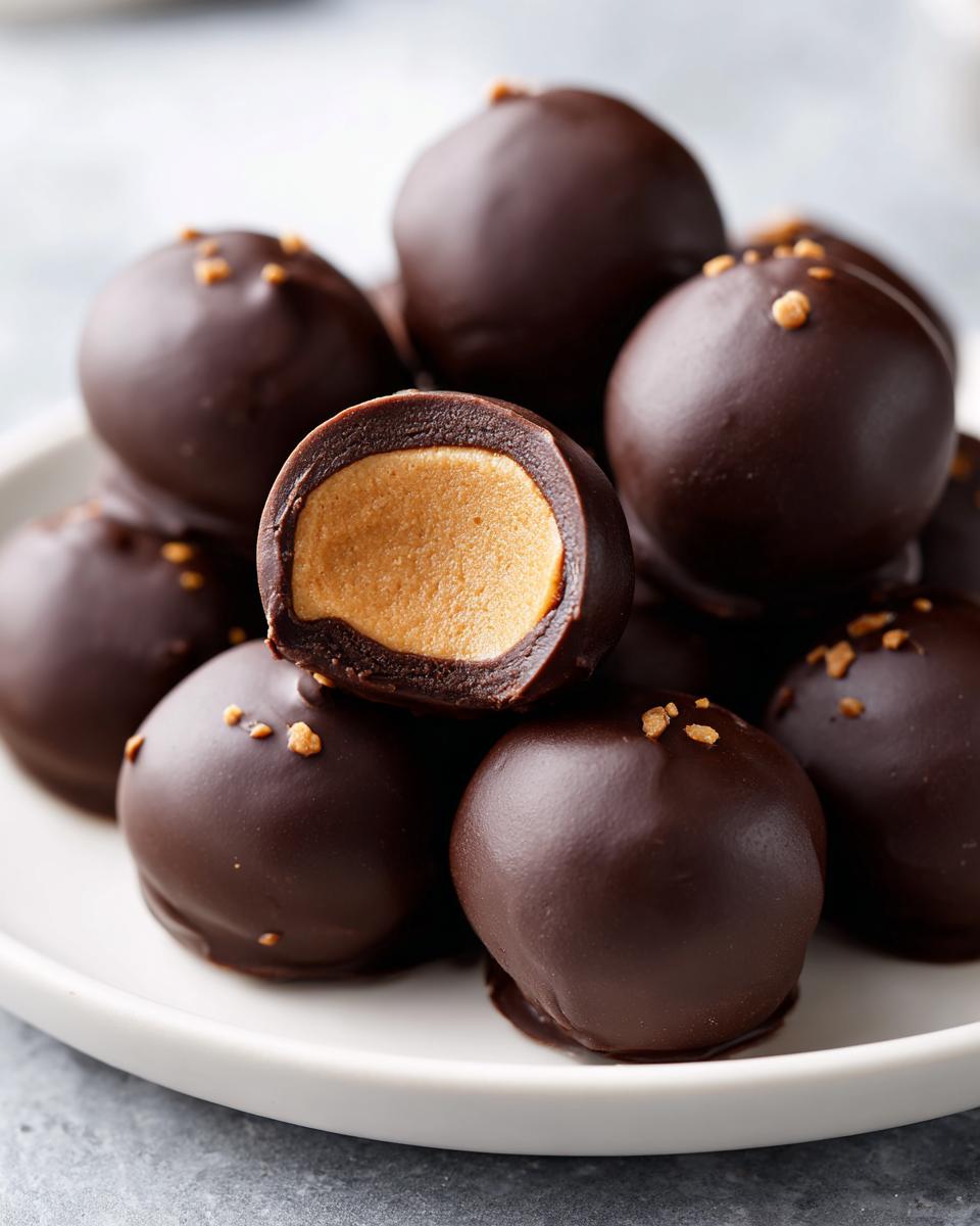 A pile of rich, chocolate-covered peanut butter balls, one cut in half showing the creamy peanut butter center.