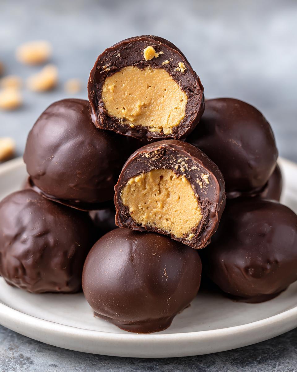 A stack of rich, chocolate-covered peanut butter balls, with one cut in half showing the creamy peanut butter center.