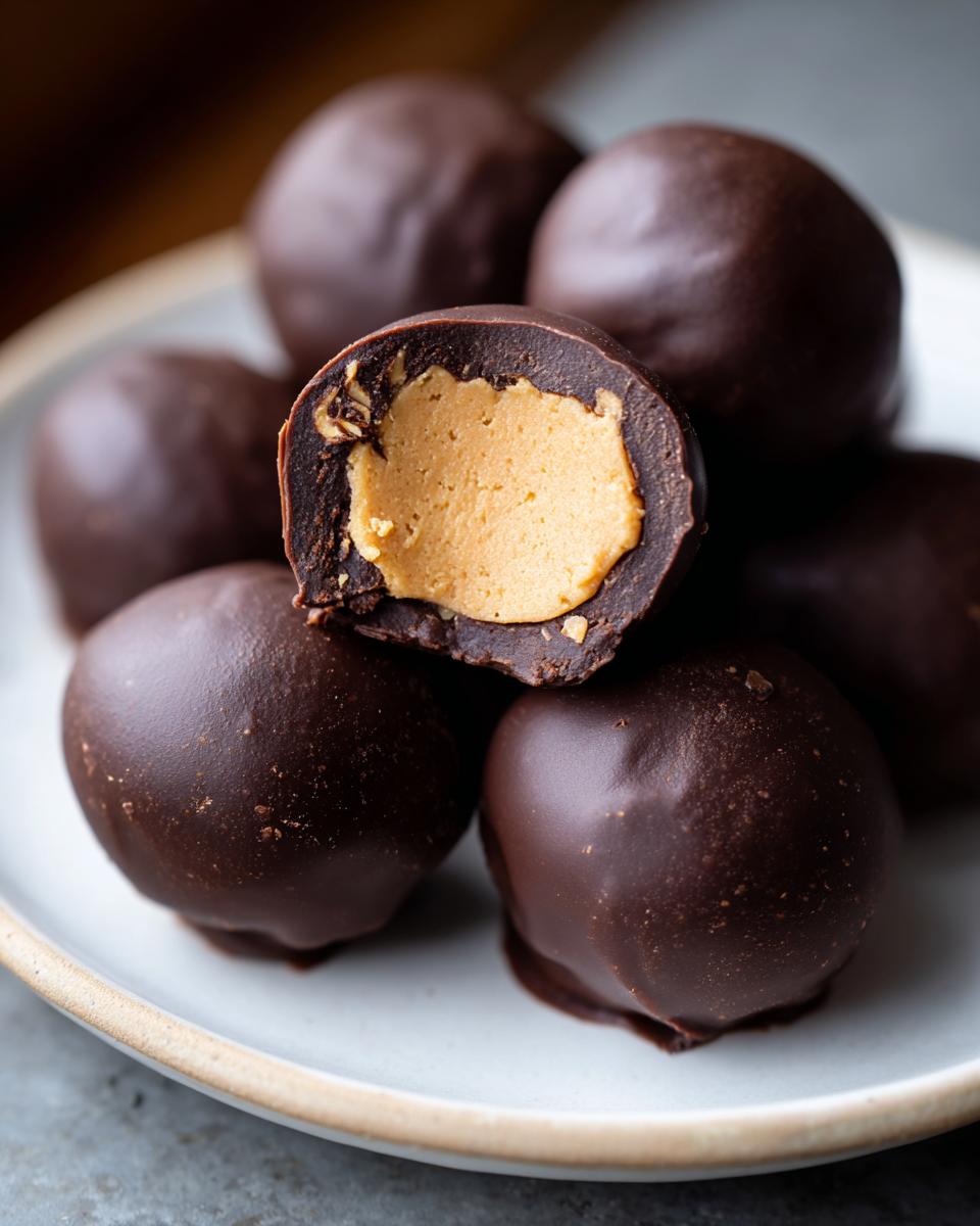 A stack of chocolate-covered peanut butter balls, one cut in half revealing the creamy peanut butter center.