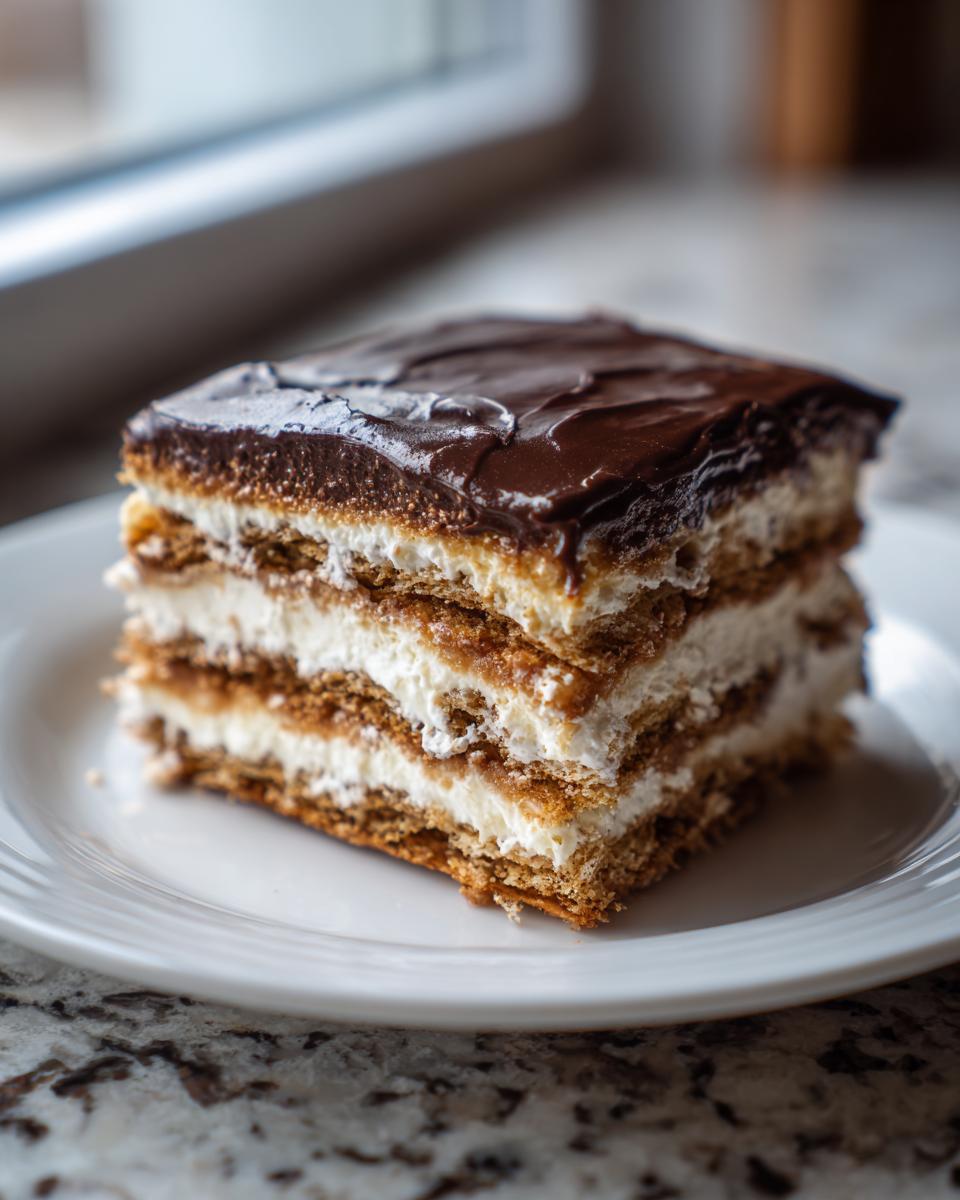 A layered slice of chocolate eclair cake with graham crackers, cream filling, and chocolate frosting.