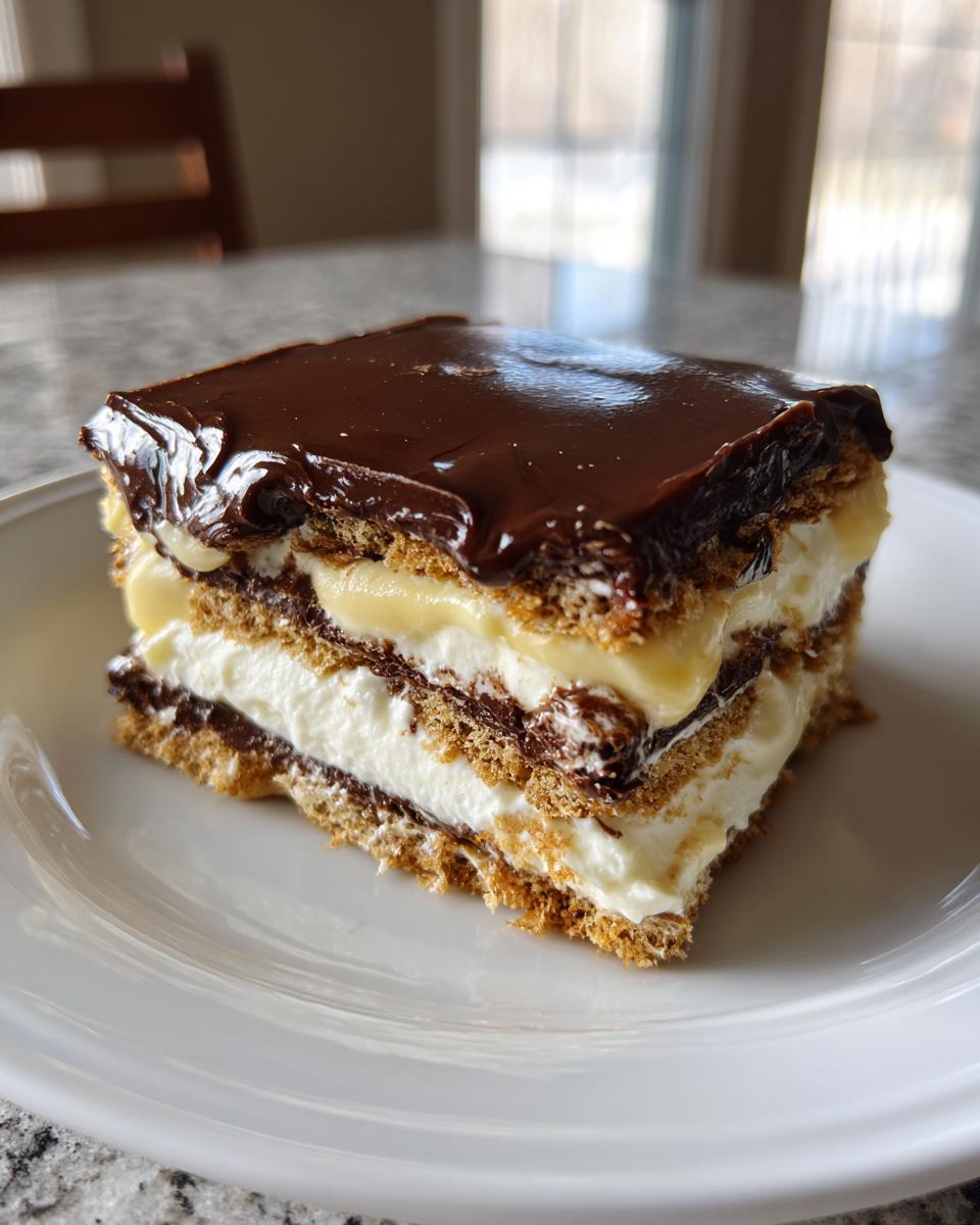 A layered slice of chocolate eclair cake featuring graham crackers, vanilla pudding, whipped cream, and chocolate frosting.