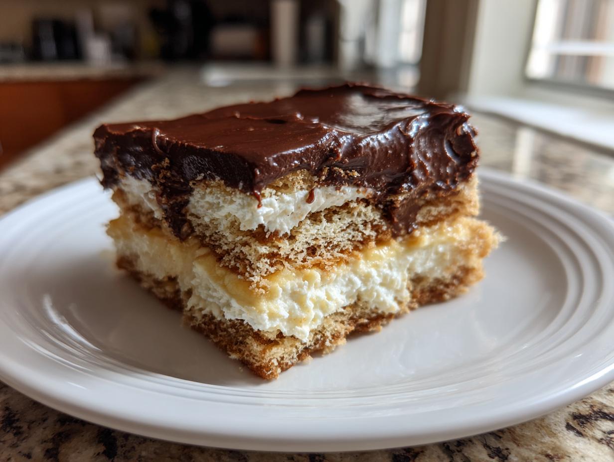A square slice of chocolate eclair cake showing layers of graham cracker, vanilla cream, and chocolate frosting.