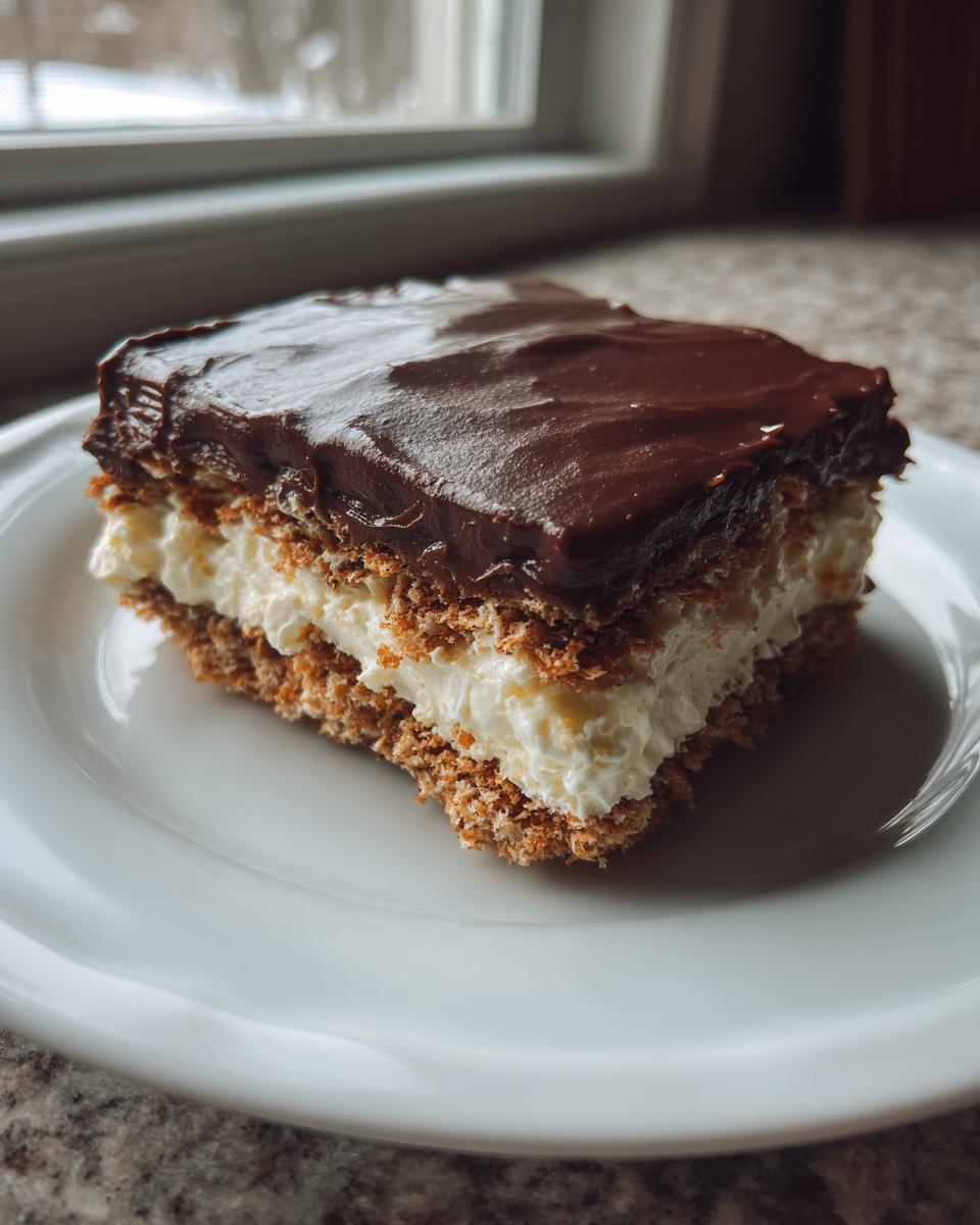 A square slice of chocolate eclair cake with a graham cracker crust, creamy filling, and thick chocolate frosting.
