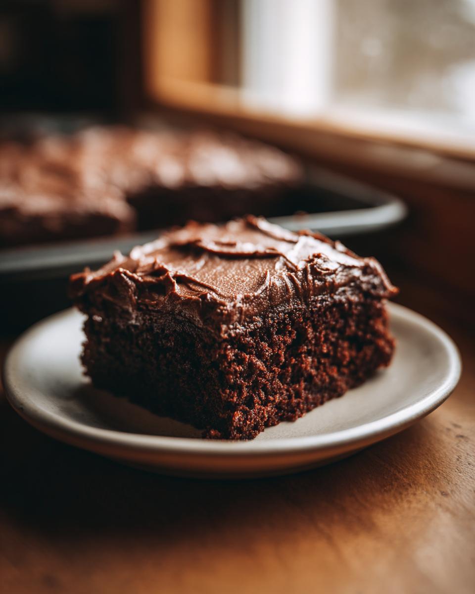A close-up of a moist slice of dark gingerbread cake topped with thick chocolate frosting on a small plate.