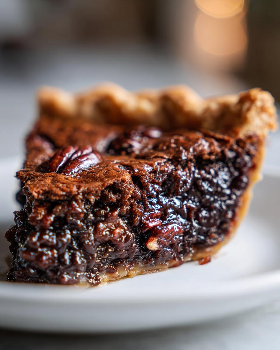A close-up, mouthwatering slice of chocolate pecan pie showing the gooey, dark filling and whole pecans.