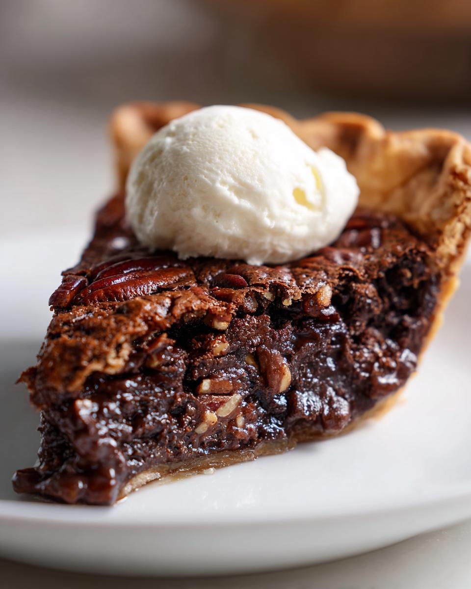 Close-up of a rich slice of chocolate pecan pie topped with a scoop of vanilla ice cream.