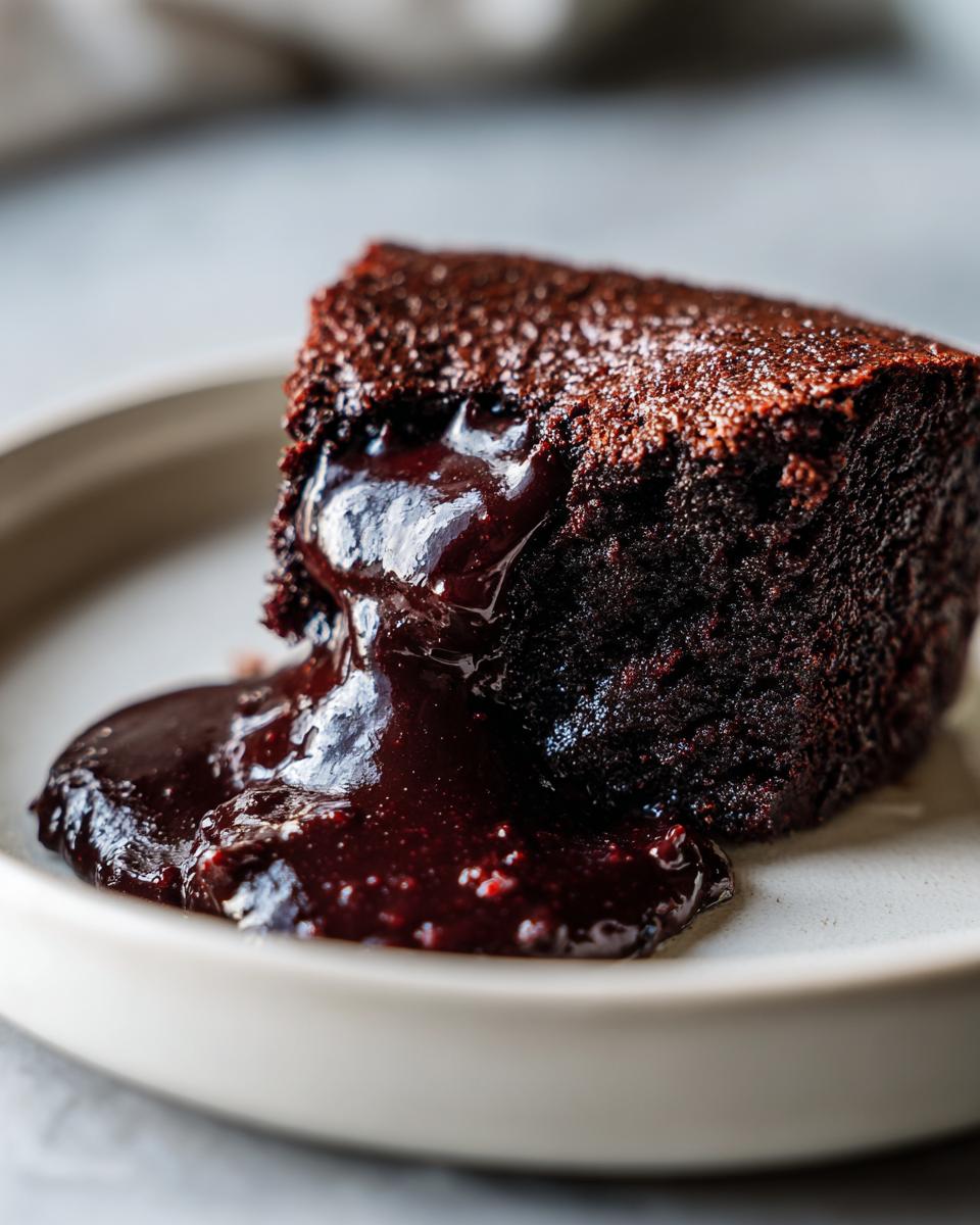 Close-up of a rich, dark slice of chocolate pudding cake oozing warm sauce onto a light plate.