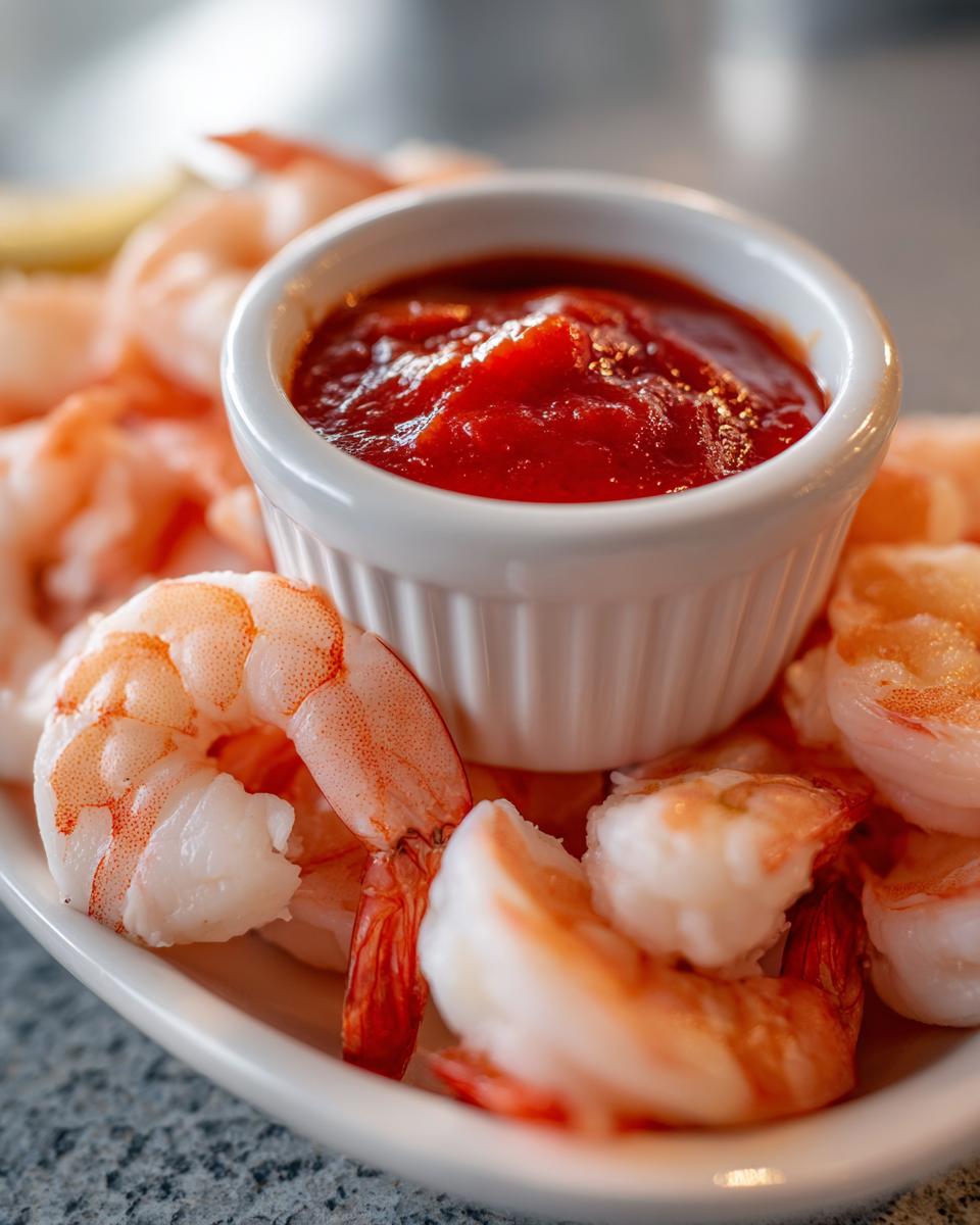 Close-up of chilled shrimp cocktail served on a white plate surrounding a small ramekin of bright red cocktail sauce.