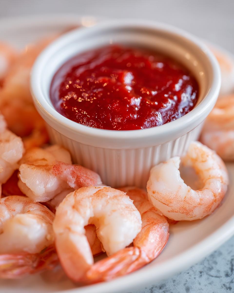 Close-up of cooked, peeled shrimp surrounding a white ramekin of bright red shrimp cocktail sauce.