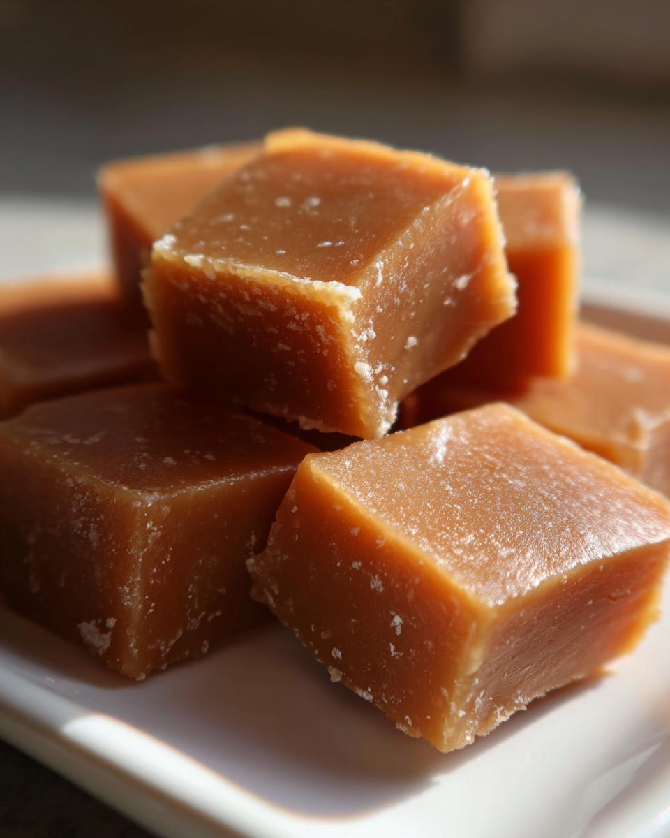 A stack of rich, brown, square-cut pieces of homemade penuche fudge dusted lightly with sugar.