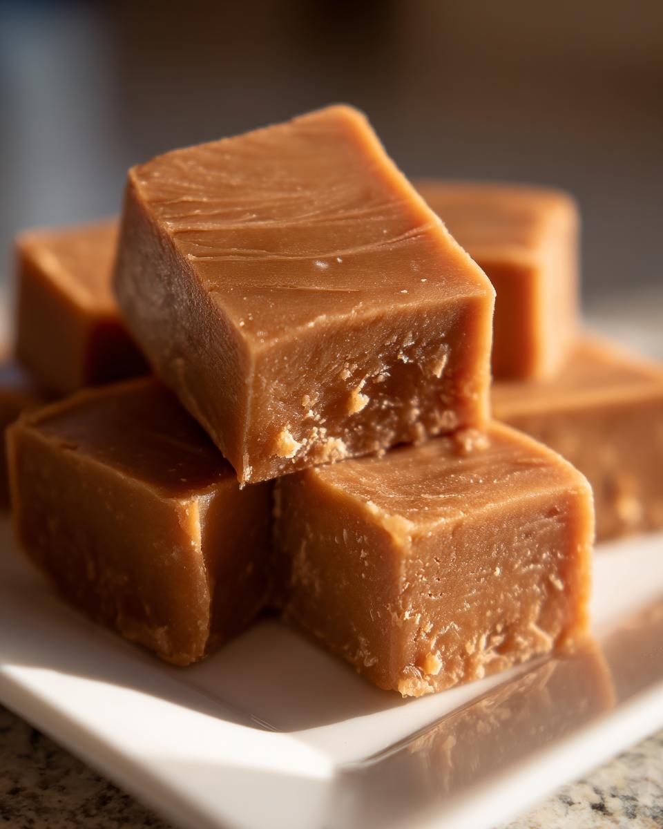 A stack of rich, brown, square-cut penuche fudge pieces resting on a white plate, catching the sunlight.