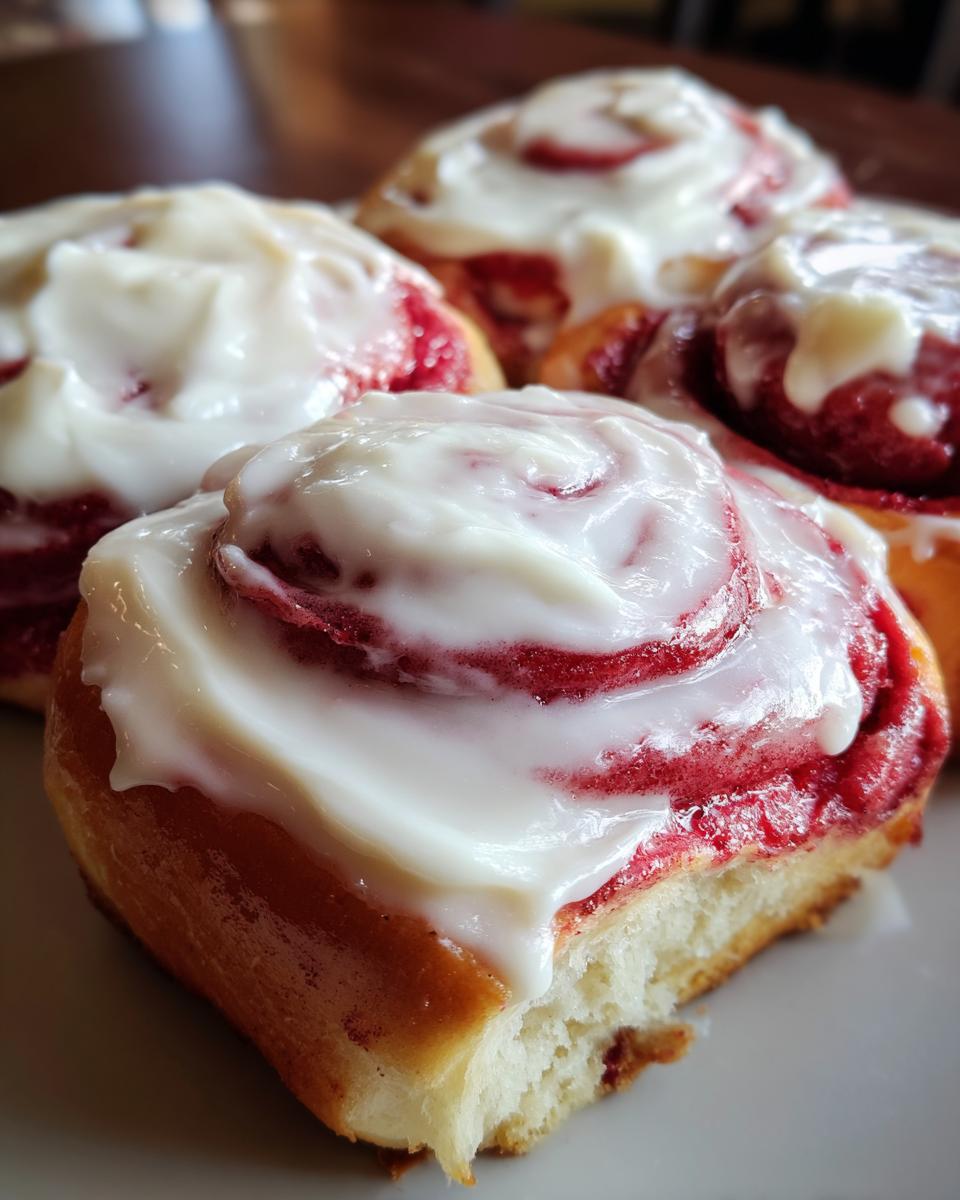 A close-up of several gooey red velvet cinnamon rolls topped with thick white cream cheese frosting.