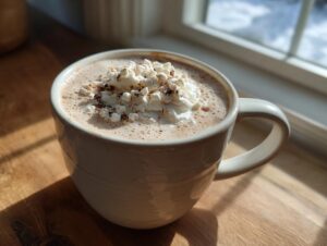 A warm mug of white hot chocolate topped with whipped cream and mini marshmallows, sitting by a sunny window.