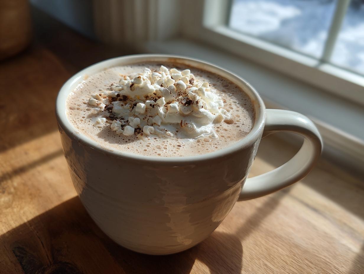 A warm mug of white hot chocolate topped with whipped cream and mini marshmallows, sitting by a sunny window.