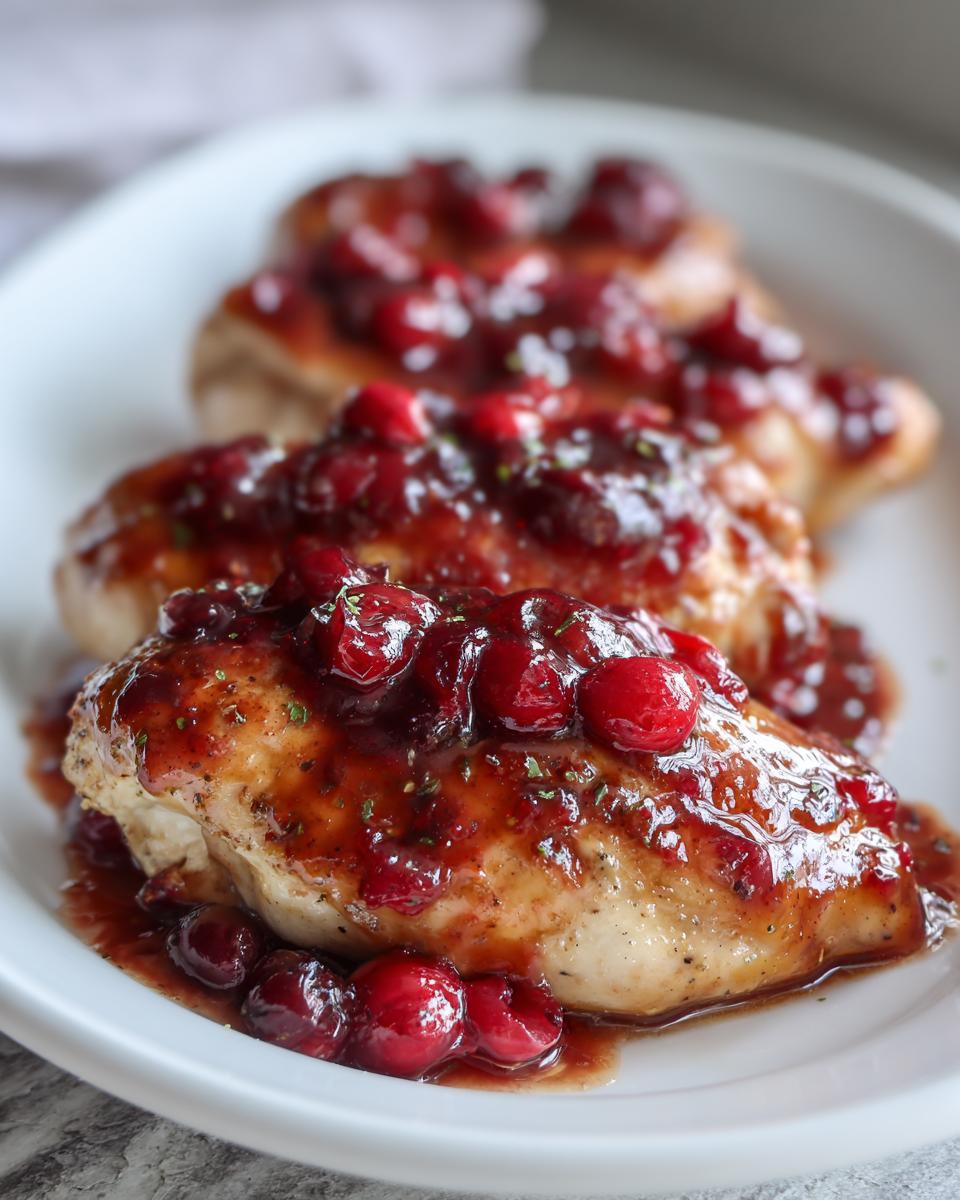 Close-up of baked cranberry chicken breasts smothered in a rich, glossy cranberry sauce glaze.