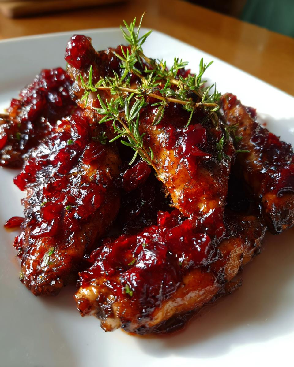 Close-up of baked cranberry chicken wings coated in a thick, glossy red sauce and garnished with fresh rosemary sprigs.