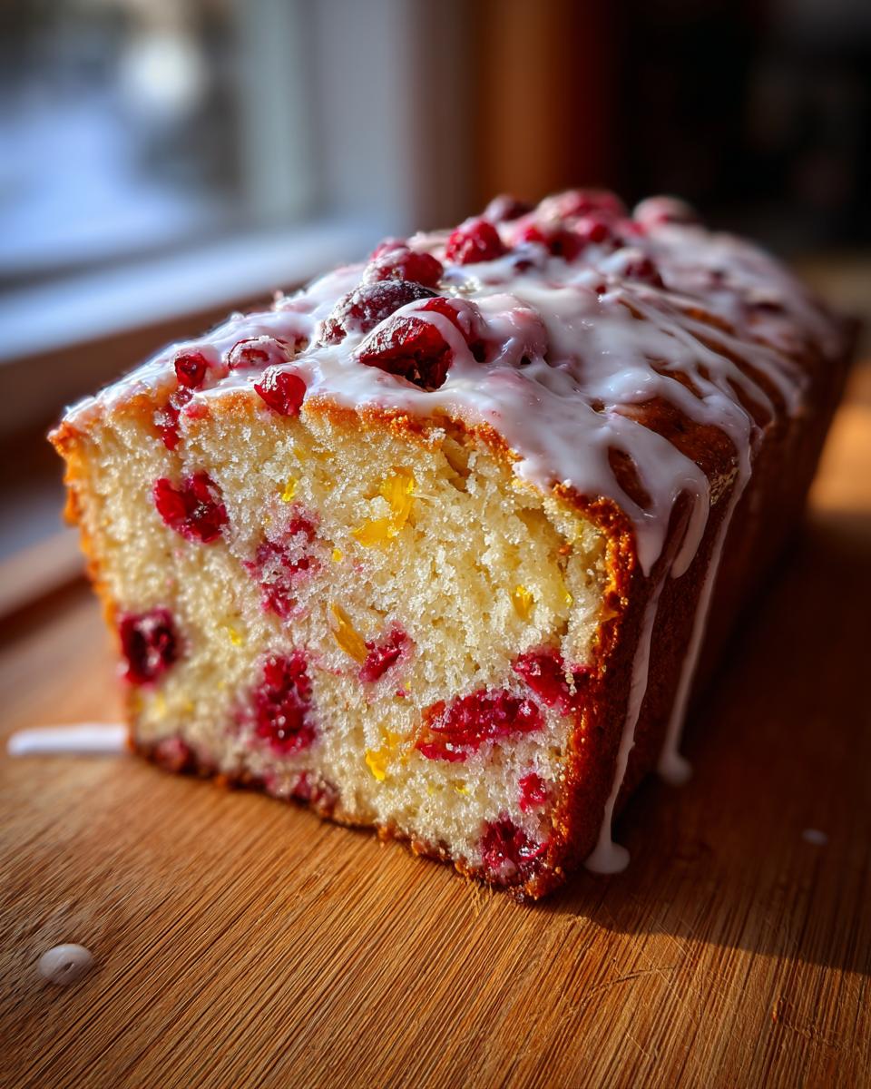 A close-up of a moist cranberry orange bread loaf drizzled with white glaze and studded with cranberries.