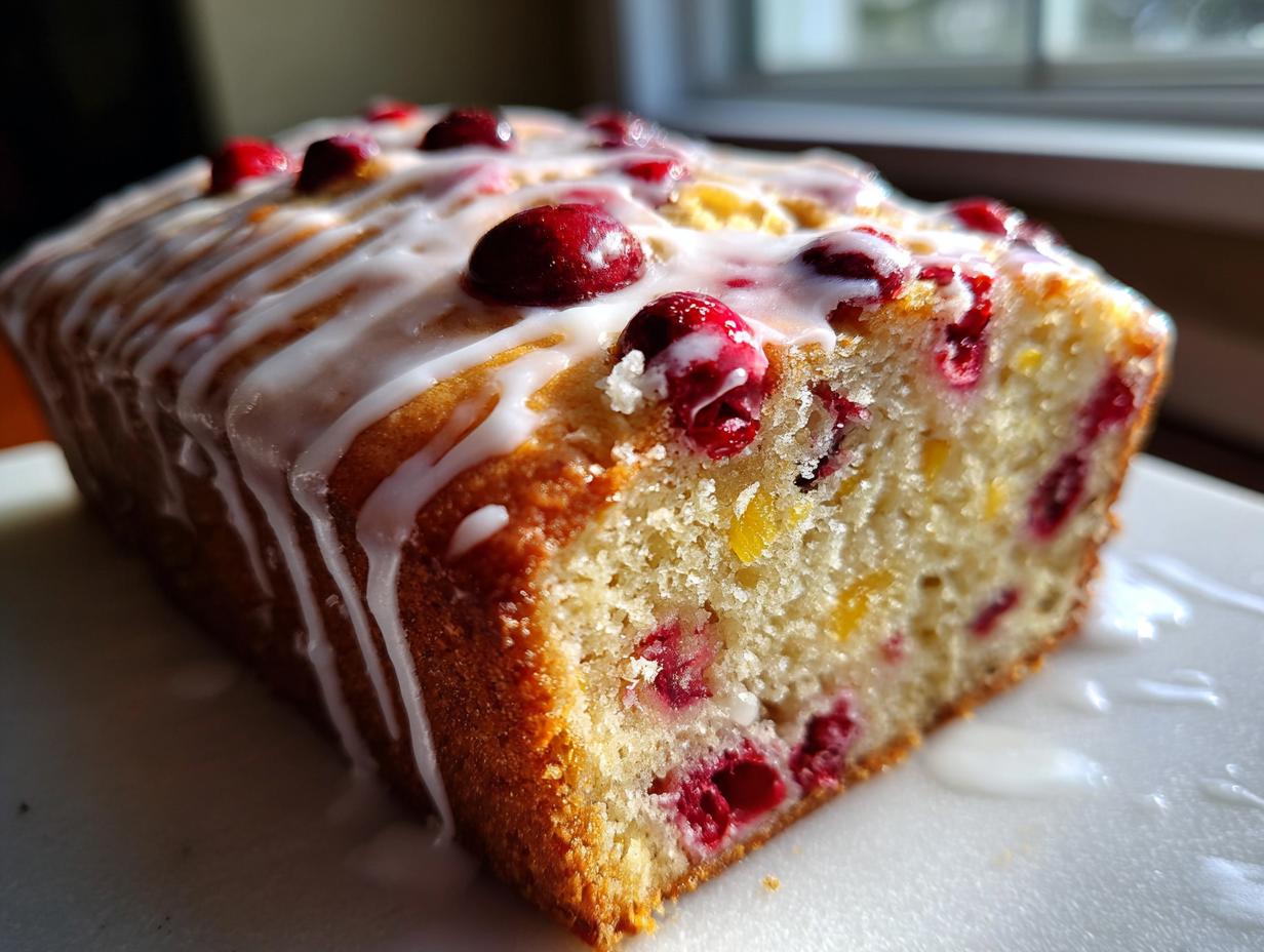 Close-up of a slice of cranberry orange bread topped with white glaze and whole cranberries.