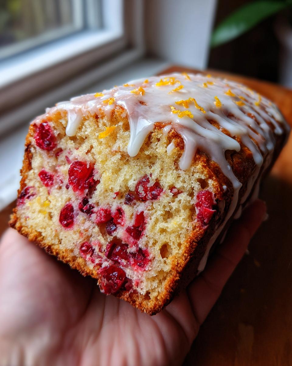 A close-up of a slice of moist cranberry orange bread, topped with white glaze and orange zest.