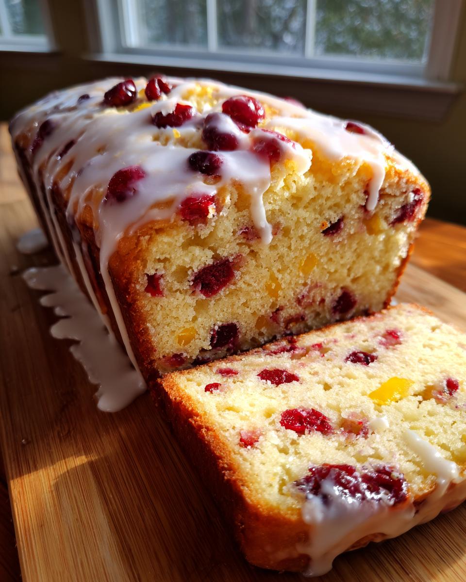 A loaf of moist cranberry orange bread topped with white glaze and whole cranberries, with one slice cut and resting beside it.