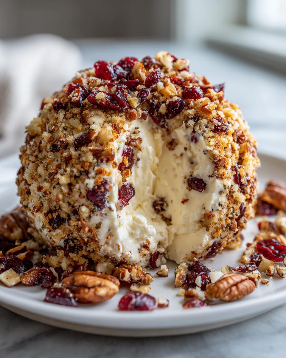 A creamy cranberry pecan cheese ball with a piece scooped out, showing the soft interior and crunchy nut coating.